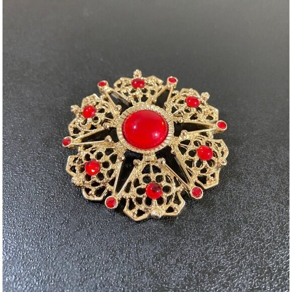 Sarah Coventry Serenade Filigree Star Red Cabochon Rhinestones Pin Brooch - Picture 2 of 7